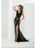 Sexy V Neck Black Lace Beaded Slit Evening Dress 